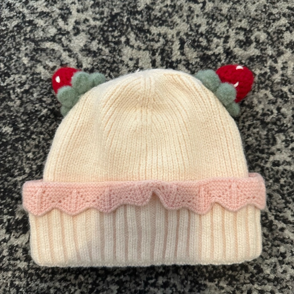 Cream Knit Kids Hat with Red and Pink Accents